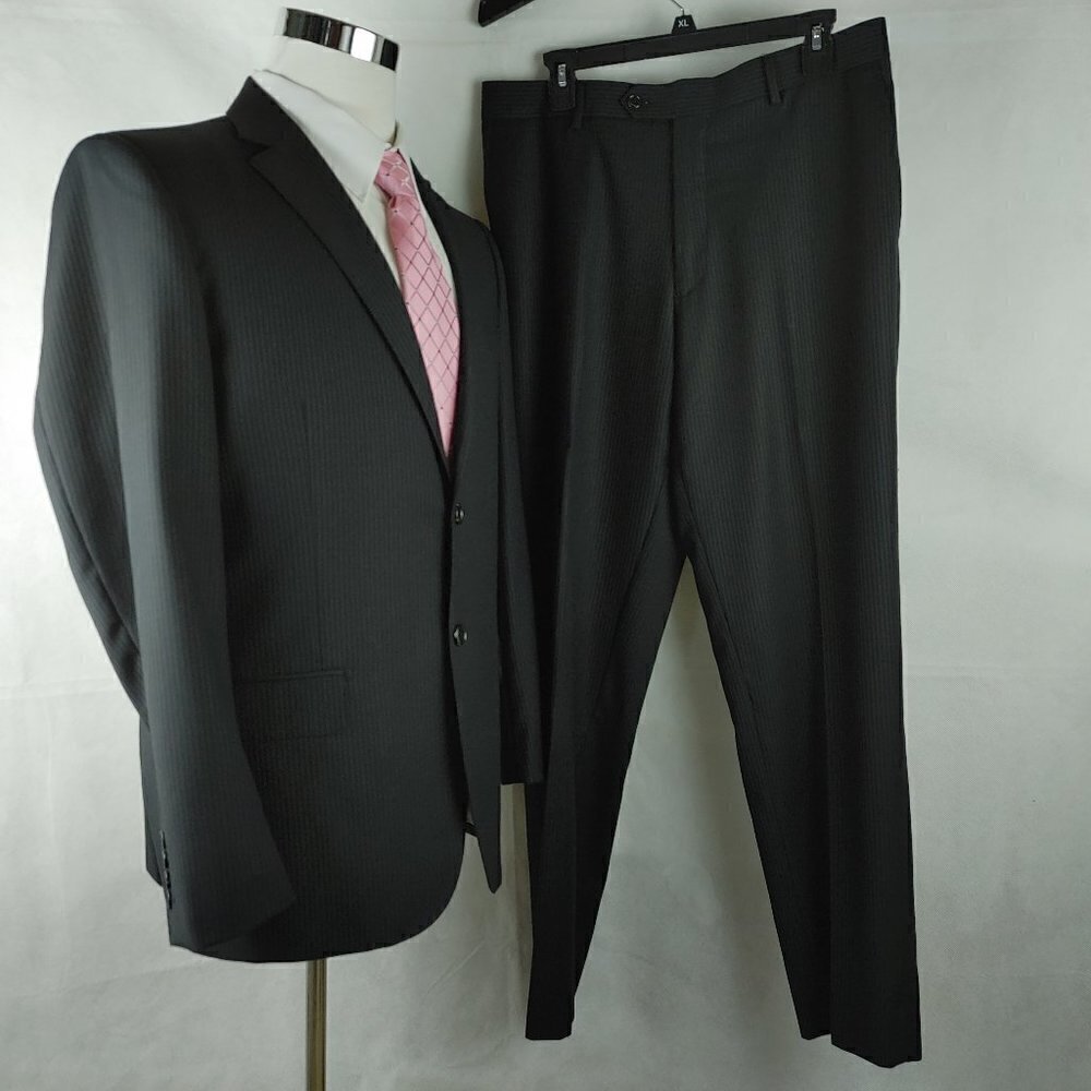 Tiglio Luxe Super 150's 42R Italian 2 Bttn Dark Gray Striped 2pc Suit34x…